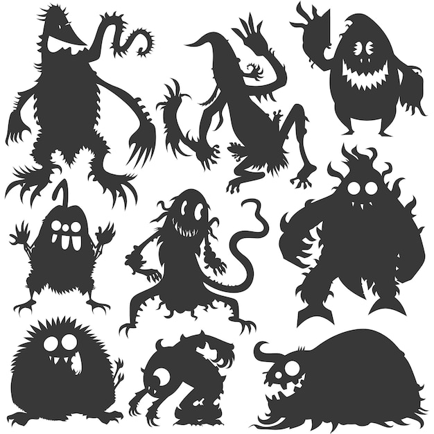 Vector silhouette funny monsters collection set black color only