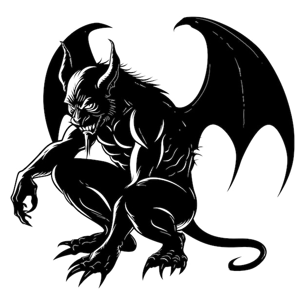 Vector silhouette gargoyle mythical creature monster in mmorpg game black color only