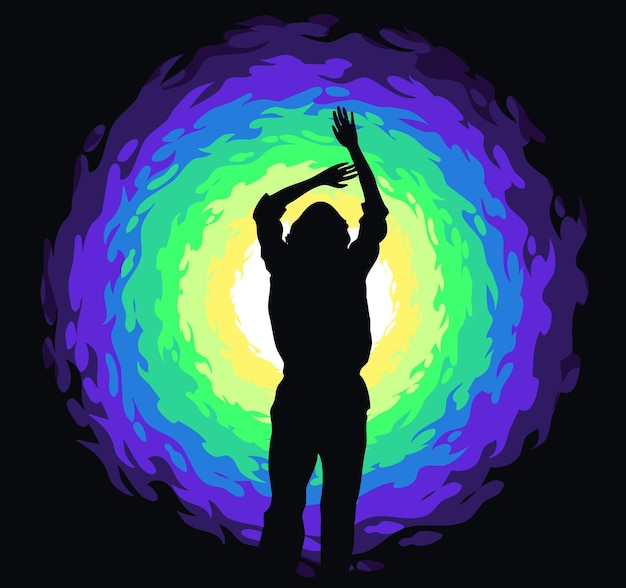 Vector silhouette of a girl against the background of a bright colored round swirl