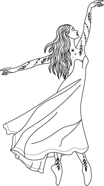 Silhouette of a girl Dancer silhouette Witch Vector linear illustration
