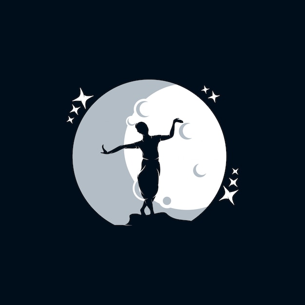 Vector silhouette of girl dancing on the moon logo