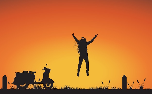 Vector silhouette girl jumping on nature sunset