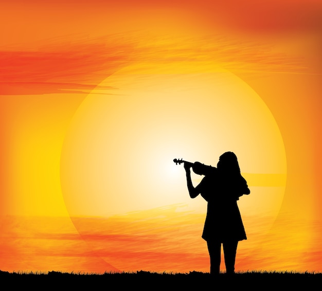 Silhouette of the girl play violin 