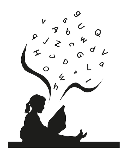 Silhouette of a girl reading a primer Learning Letters