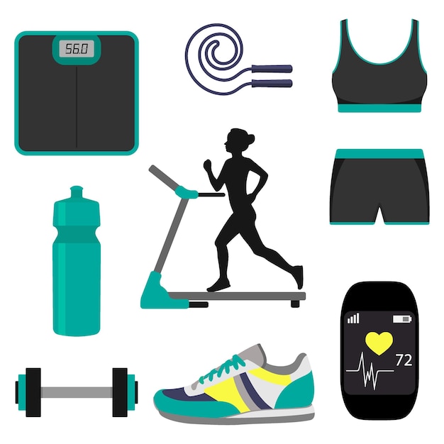 Vector silhouette of a girl running on a treadmill and jogging attributes