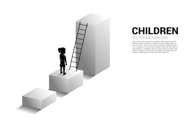 Silhouette of girl standing on bar graph with ladder. illustration of children education and learning.