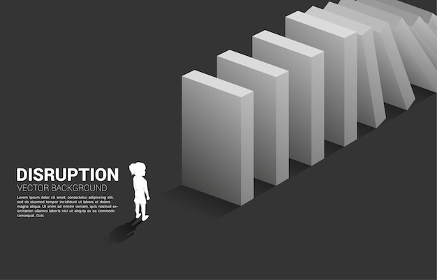 Silhouette of girl standing at the end of domino collapse. concept of future disruption