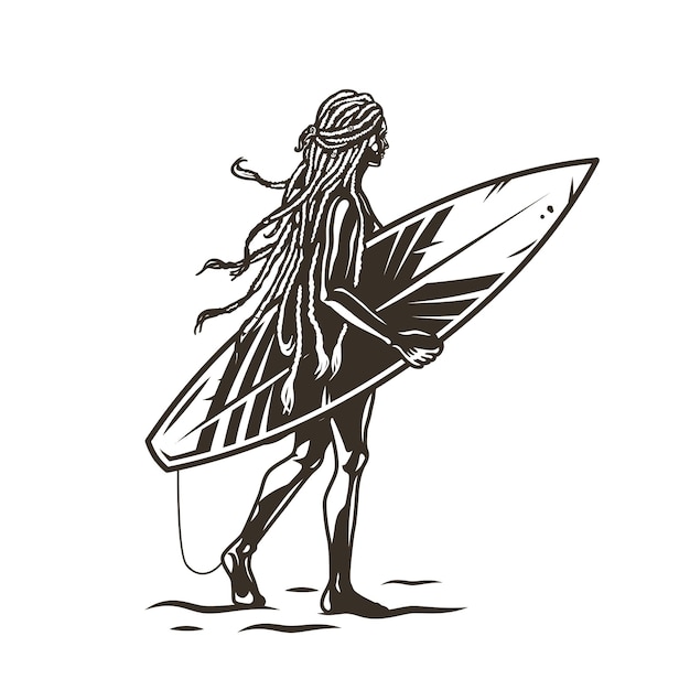 Siluetta del surfista della ragazza sulla tavola da surf della spiaggia