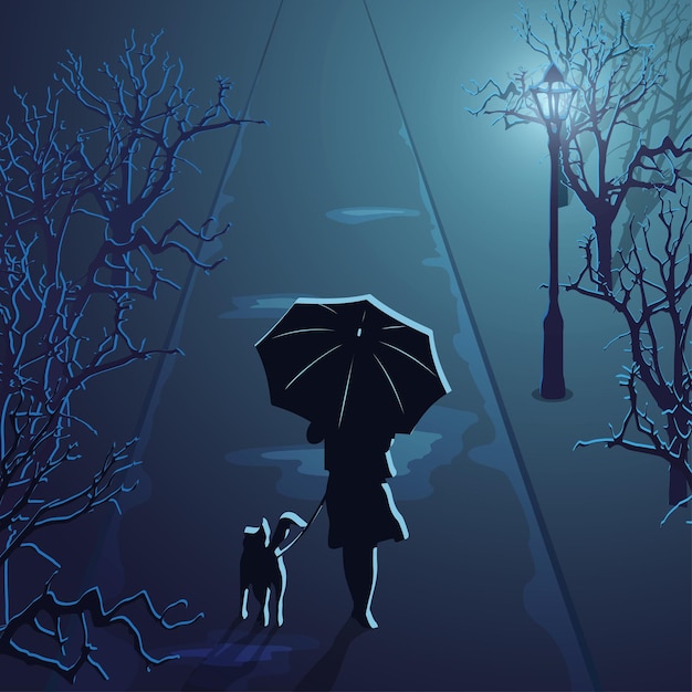 Vector silhouette of a girl under an umbrella with a dog