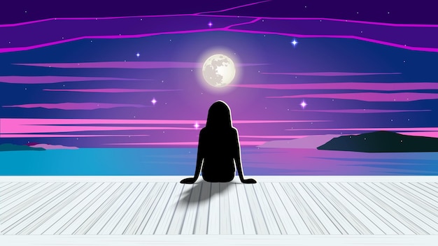 Silhouette girl watching the sea. vector illustration