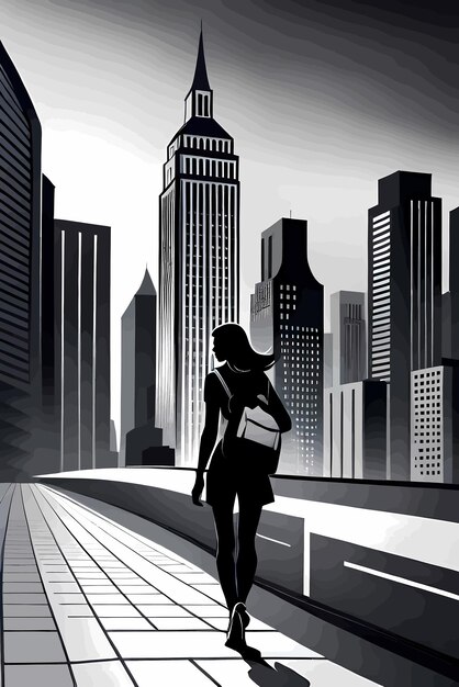 Vector silhouette of girl with backpack walking alone in the downtown