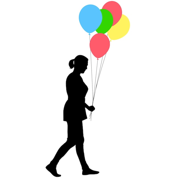 Silhouette of a girl with balloons in hand on a white background