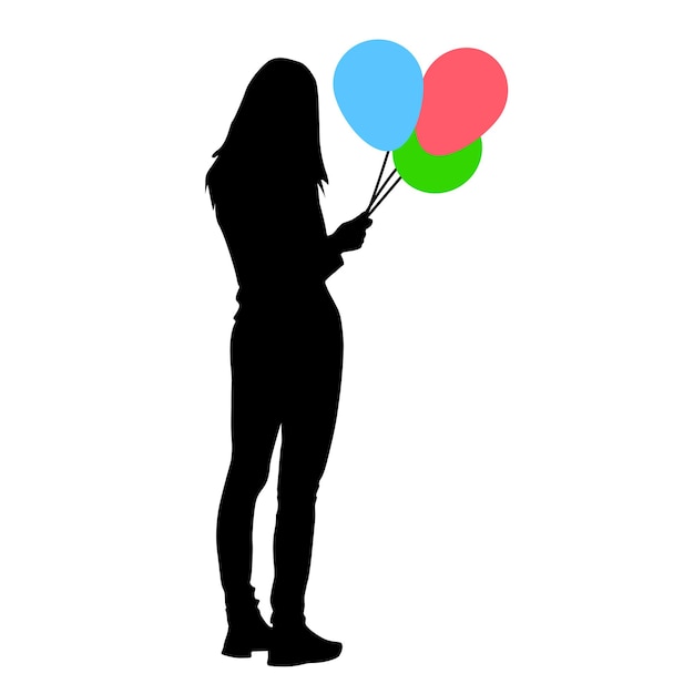 Silhouette of a girl with balloons in hand on a white background