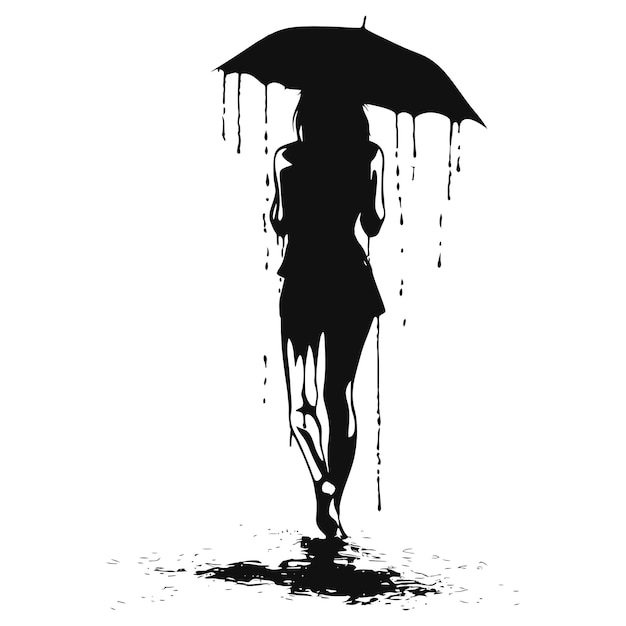 雨が降るときに傘をかぶったシルエットガール 黒い色のみ