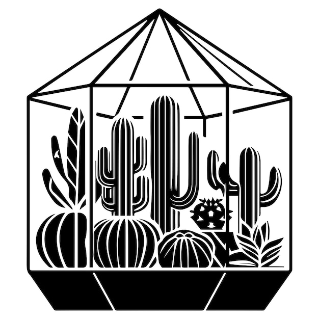 Vector the silhouette of a glass terrarium with various cacti inside