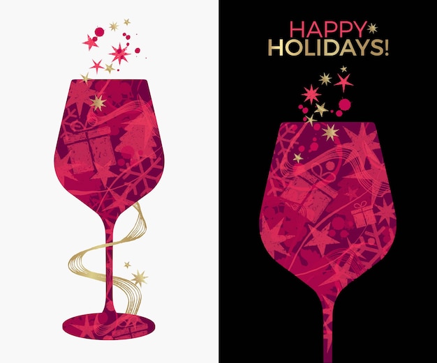 silhouette of glass with background symbols of wine and christmas