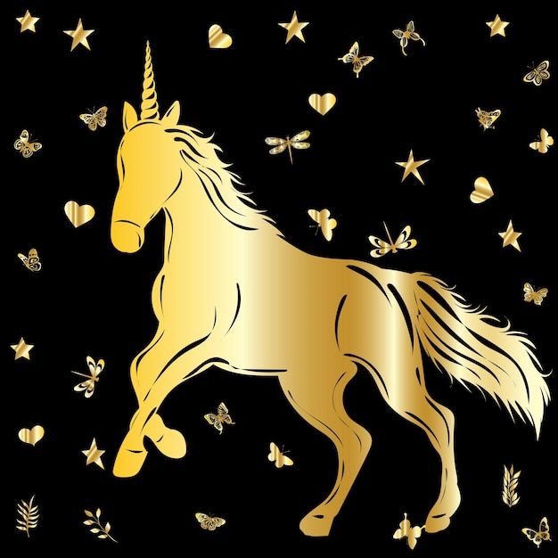 Silhouette unicorno dorato su sfondo nero vettore isolato