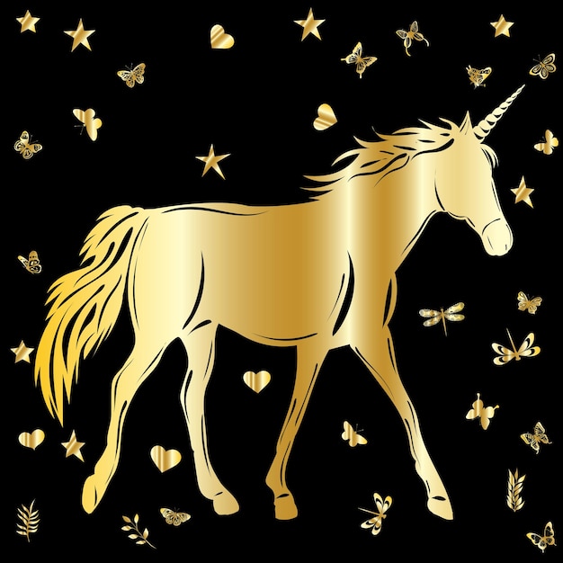 Vector silhouette golden unicorn on black background isolated