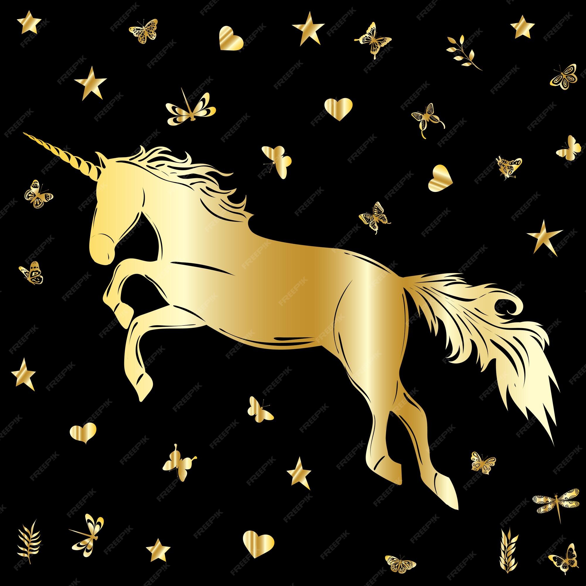 Premium Vector | Silhouette golden unicorn stars on black background