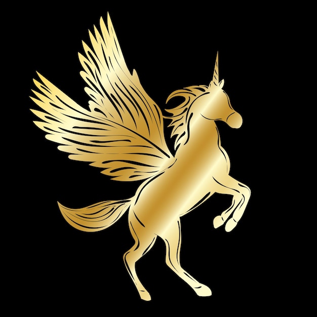 Vector silhouette of a golden unicorn with wings on a black background isolated