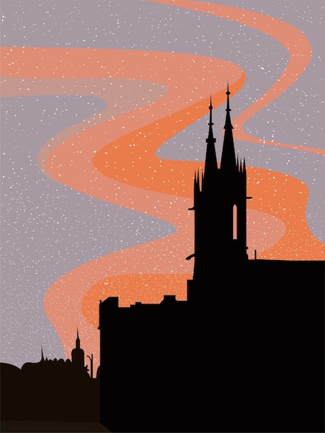 Vettore silhouette di una città gotica di notte con edifici dalle torri sullo sfondo del tramonto.