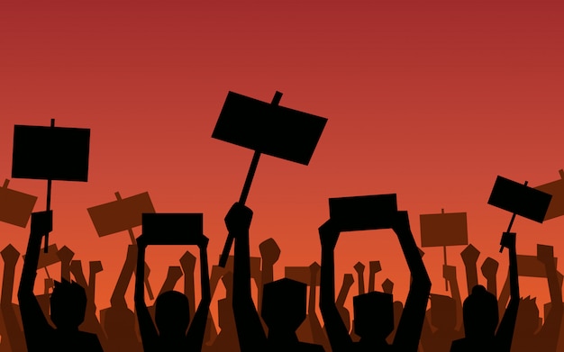 ベクトル 人々のシルエットグループが拳を上げ、赤い色の背景上のフラットアイコンデザインで抗議に署名