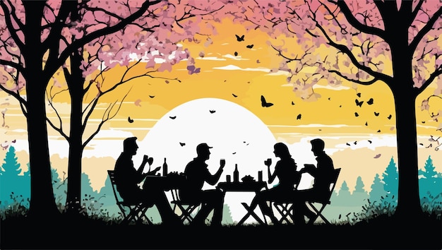 Silhouette di un gruppo di persone che mangiano nel campo