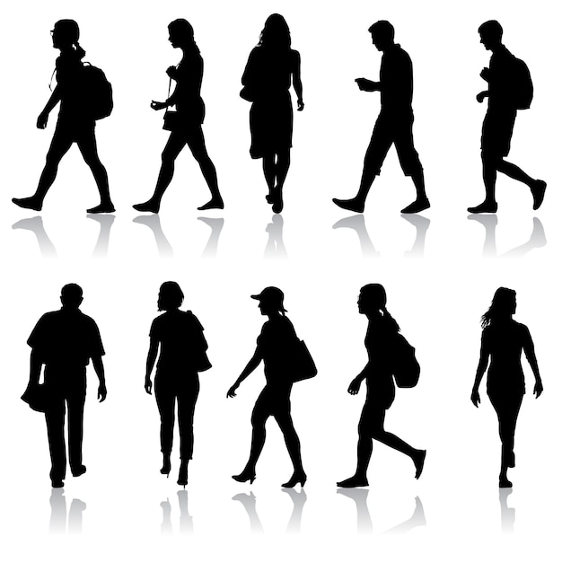 Silhouette group of people standing on white background