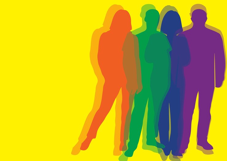 Vector a silhouette group of people with one with rainbow colors