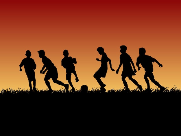 Vector silhouette group of soccer kid on sunset