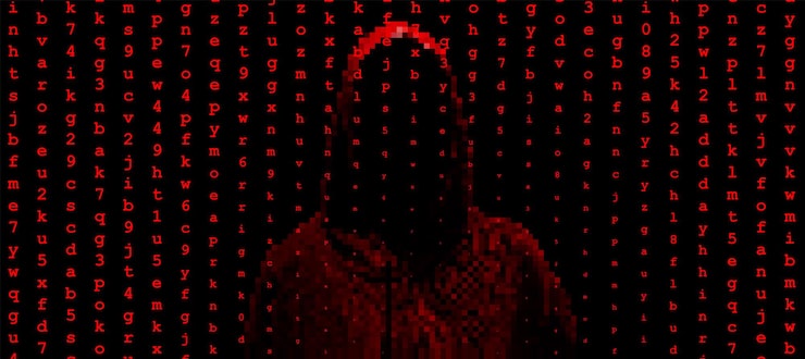 Vector silhouette of a hacker on a background with binary code and lights, hacking of a computer system, theft of data