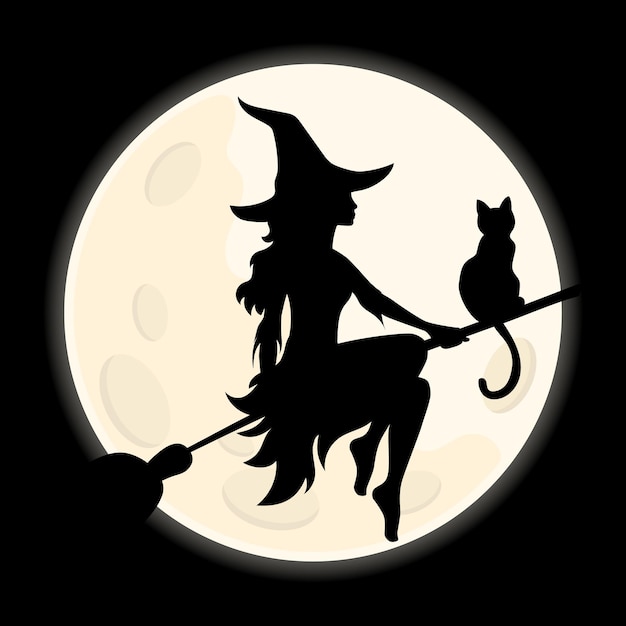 Silhouette of halloween beautiful sexy Witch and cat flying over moon