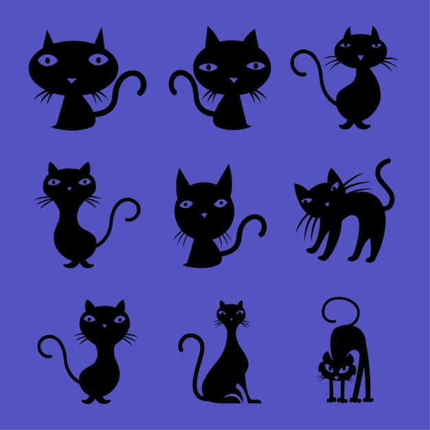 Вектор Коллекция черных кошек силуэт хэллоуин