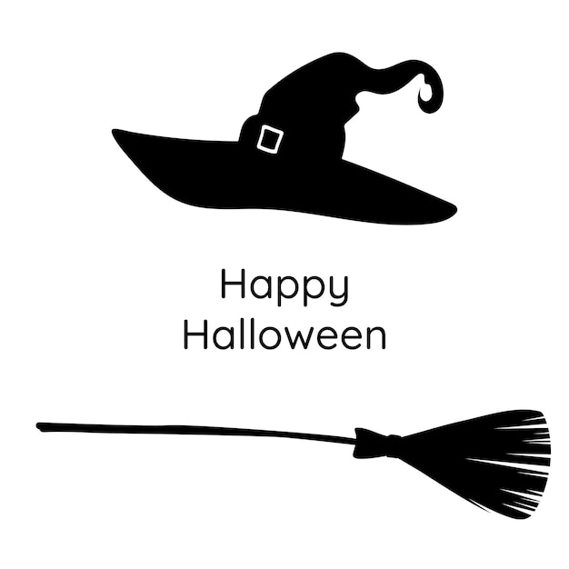 Silhouette halloween hat and broom Halloween Witch Attributes vector illustration