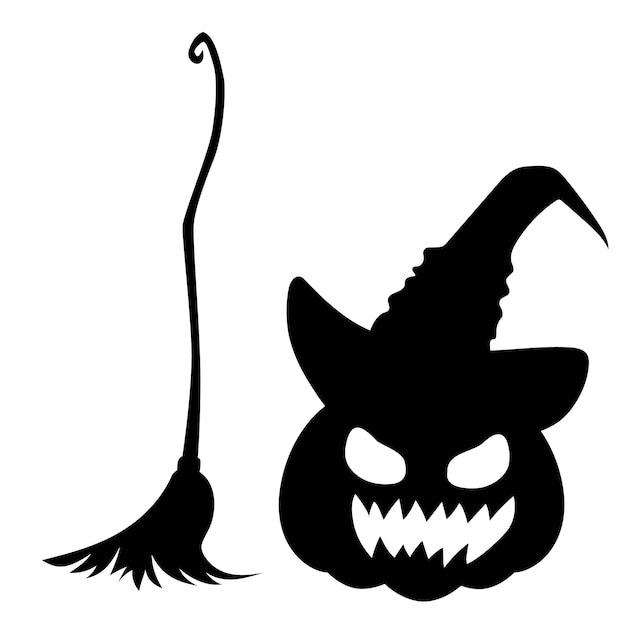 Silhouette halloween pumpkin in hat and broom Halloween Witch Attributes vector illustration