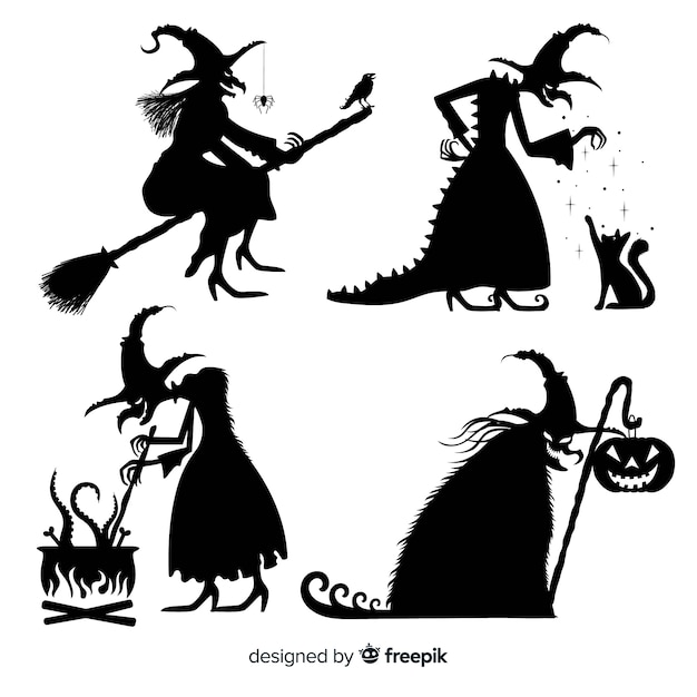 Vettore collezione silhouette strega halloween