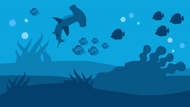 Silhouette Hammer Shark and Fish Seascape Banner