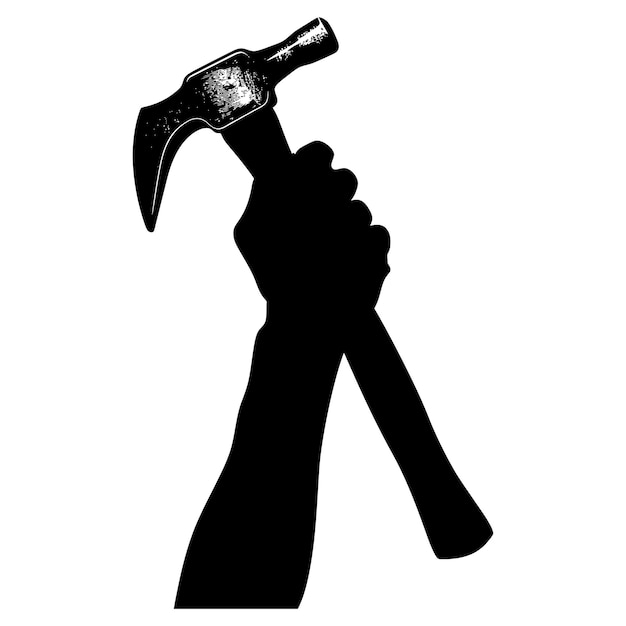 Silhouette hand holding hammer for construction or labor day celebration logo symbol