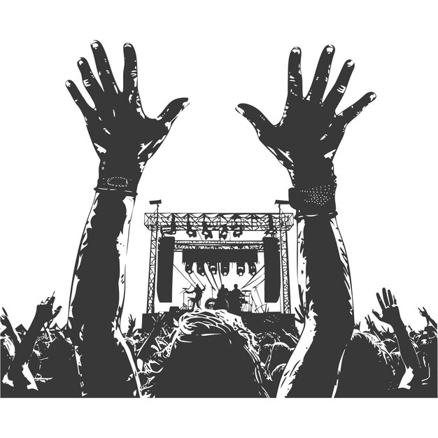 Вектор Силуэт руки подняты на музыкальном фестивале только черный цвет