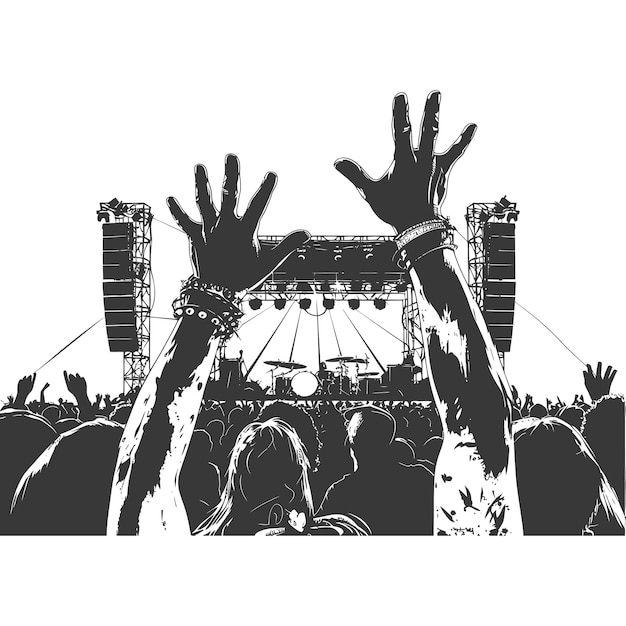 Вектор Силуэт руки подняты на музыкальном фестивале только черный цвет