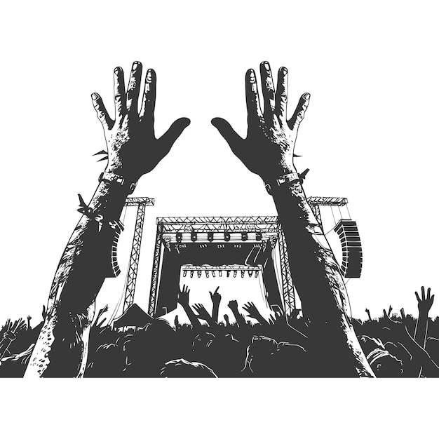 Silhouette hands raised at a music festival black color only