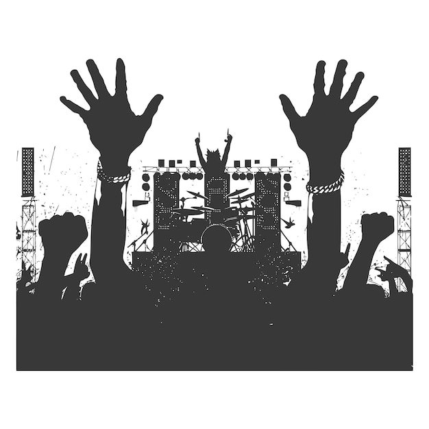 Silhouette hands raised at a music festival black color only