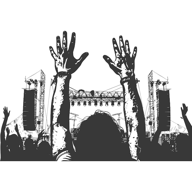 Silhouette hands raised at a music festival black color only