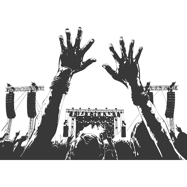 Vector silhouette hands raised at a music festival black color only