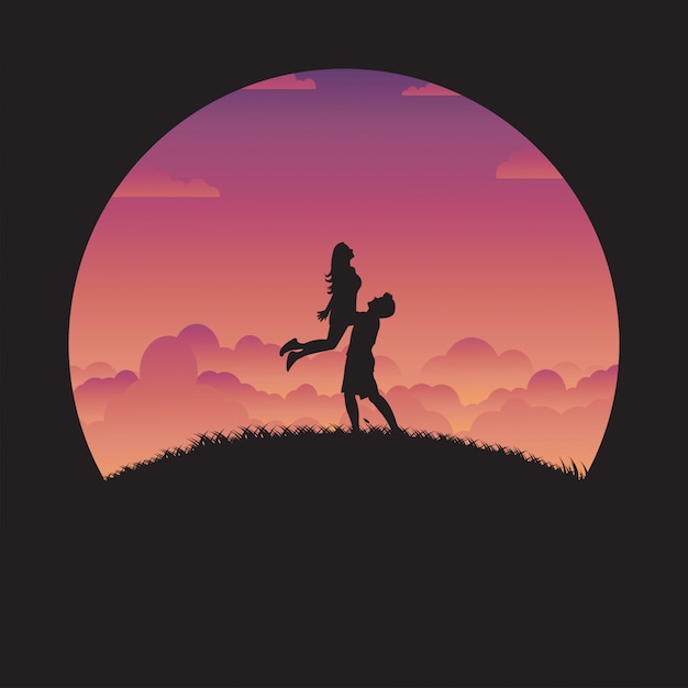 Vector silhouette happy couple in love with sunset