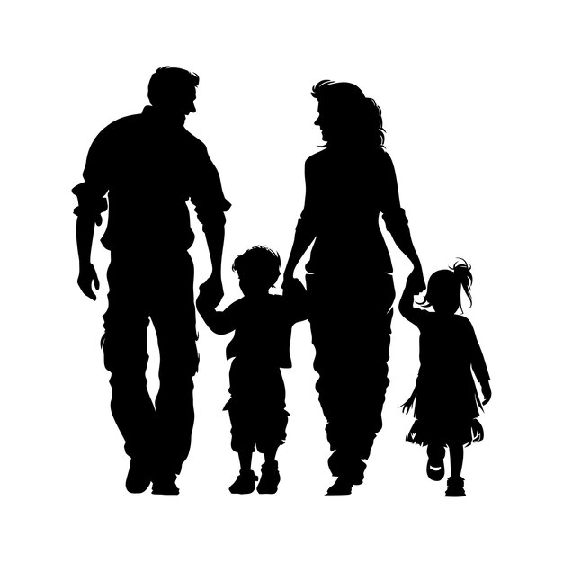 Vector silhouette happy family black color only full body