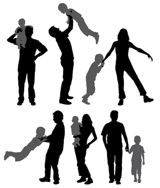 Silhouette Happy Family on Walk in Action Vector Illustration for Design