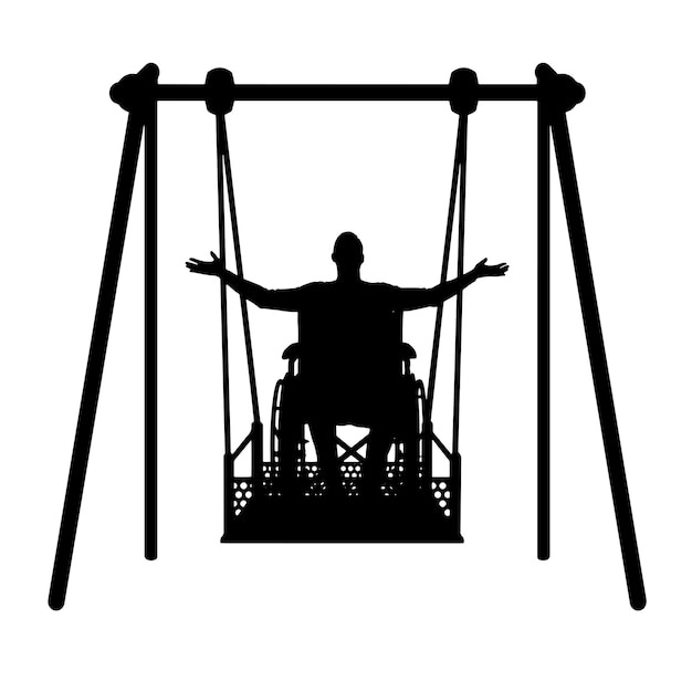 Silhouette of a happy man is a disabled person in a wheelchair on an adaptive swing for disabled people Vector Silhouette