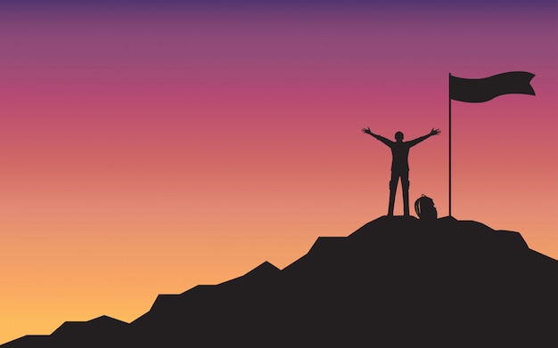 Vector silhouette happy man raising hand standing on top of mountain