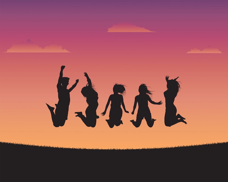 Vector silhouette happy young people of sunset background